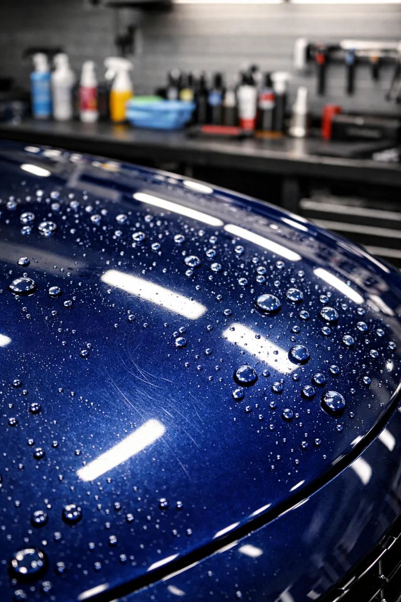 Close-up of a detailer polishing wax across a vehicle hood
