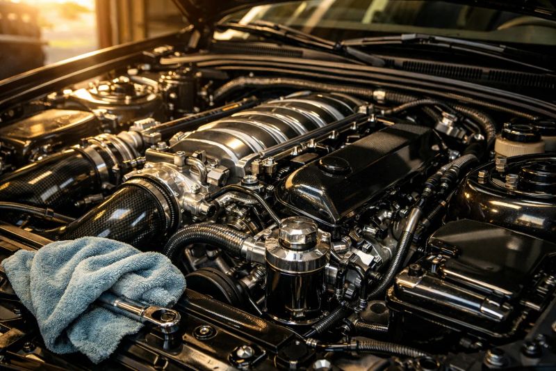 Professional car detailer working carefully inside an engine bay