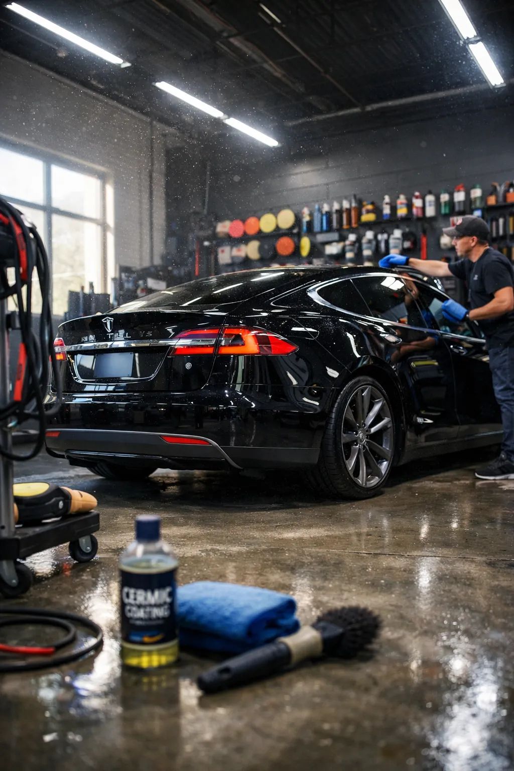 Clean Is Good detailer using a steamer to clean a vehicle interior in North End Woonsocket